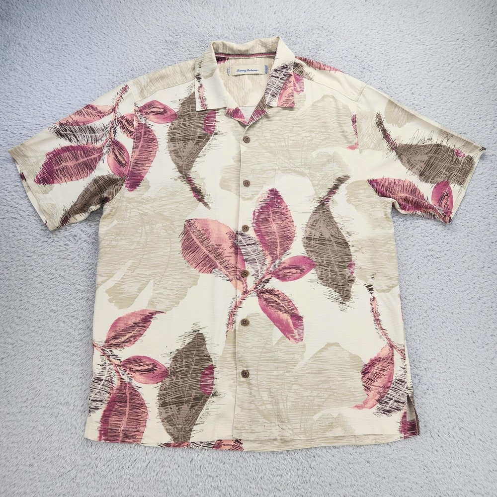 Tommy Bahama Shirt Mens Medium Multicolor Silk Tropical Leaf Hawaiian Button Up